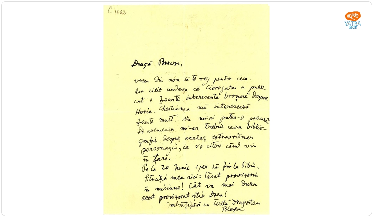 Blaga îi scrie lui Breazu despre provizoratul său la Legație și îi cere bibliografie despre Horea