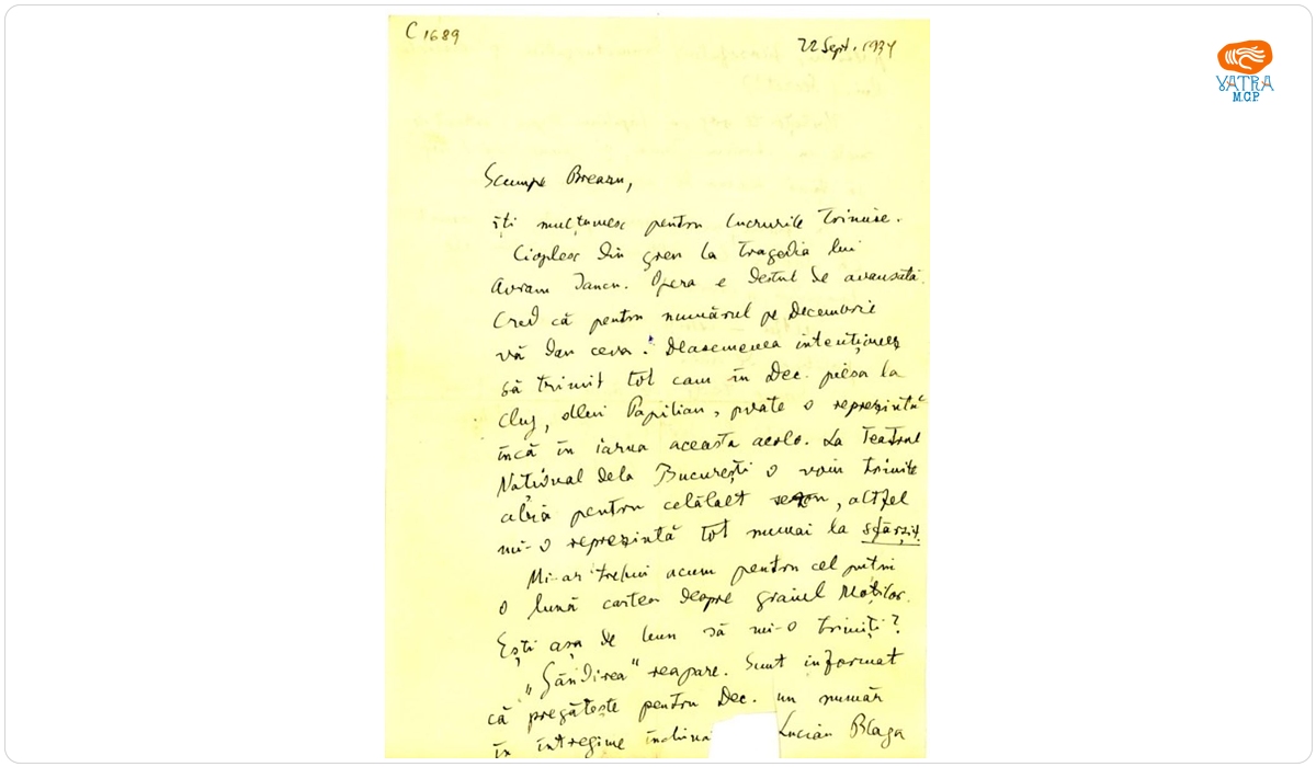 Blaga îi scrie lui Breazu despre piesa „Avram Iancu” care va fi jucată la Cluj, în iarnă (1934), apoi la București