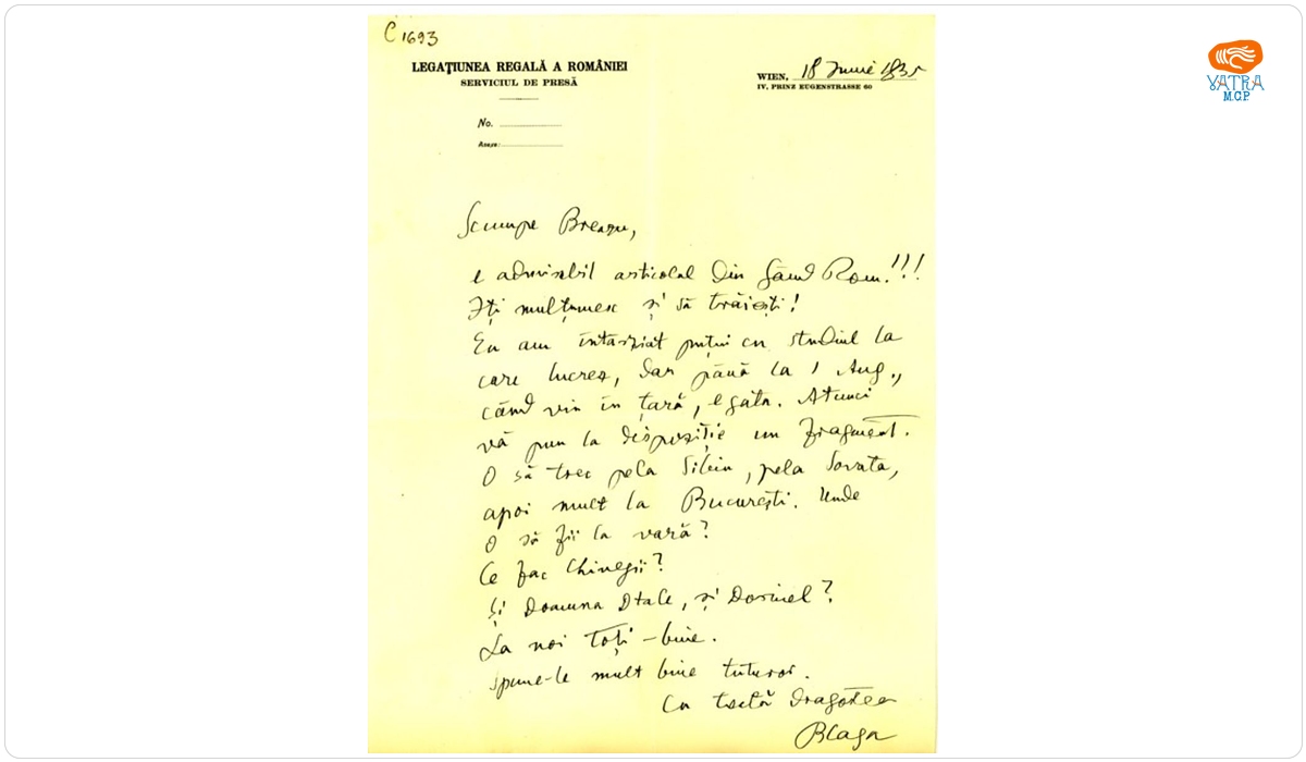 Blaga îi scrie lui Breazu despre studiul la care lucrează și despre călătoria din vară în țară