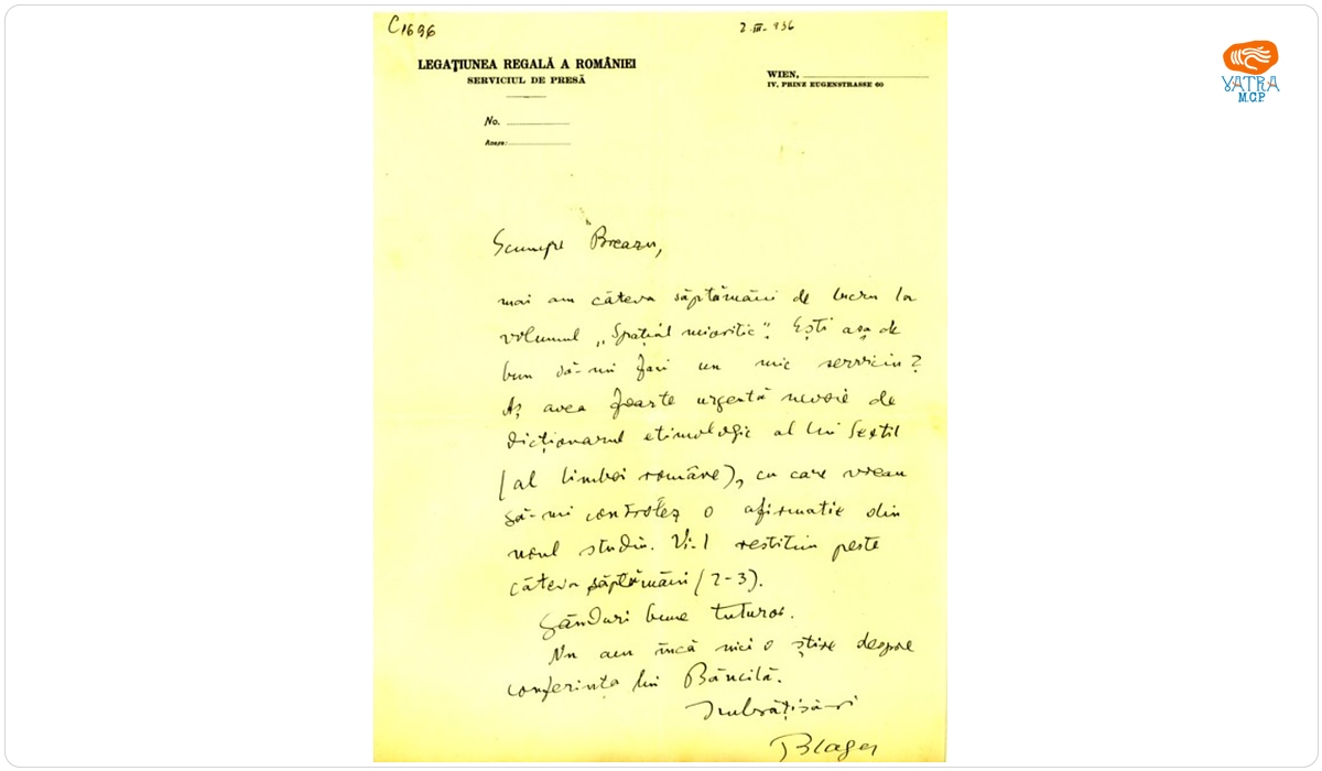 Blaga îl roagă pe Breazu să-i trimită „Dicționarul etimologic” a lui S. Pușcariu și îl informează despre lucrul la "Spațiul mioritic"