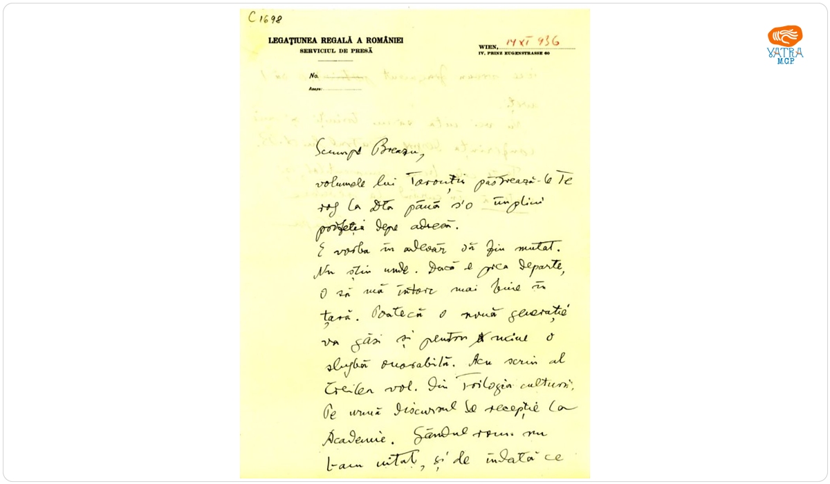 Blaga îi scrie lui Breazu despre posibila mutare a sa și despre munca la volumul al treilea din „Trilogia culturii”