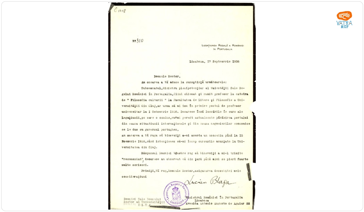 Cerere de concediu a lui Blaga, ministru plenipotențiar al Maiestății Sale Regele României în Portugalia