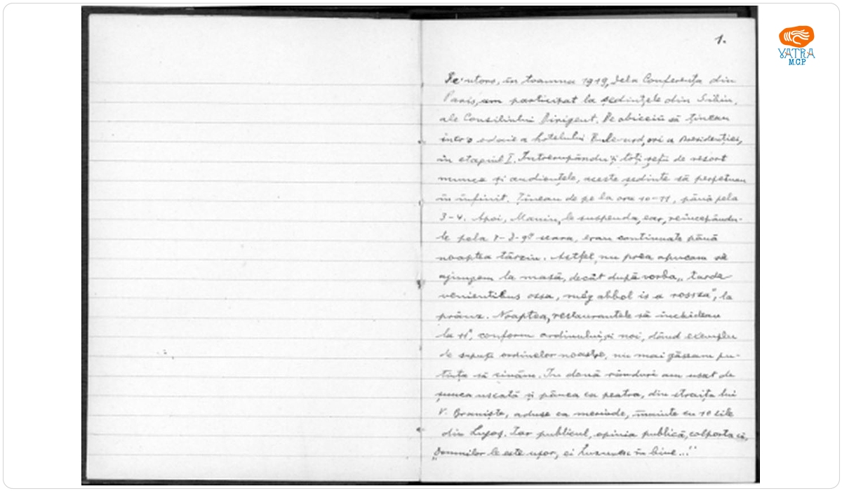 Alexandru Vaida Voevod — A.Vaida Voevod - caiet II; relatări despre prima Cameră a României Mari și primul guvern; relatări de la Conferința de Pace de la Paris, 1919