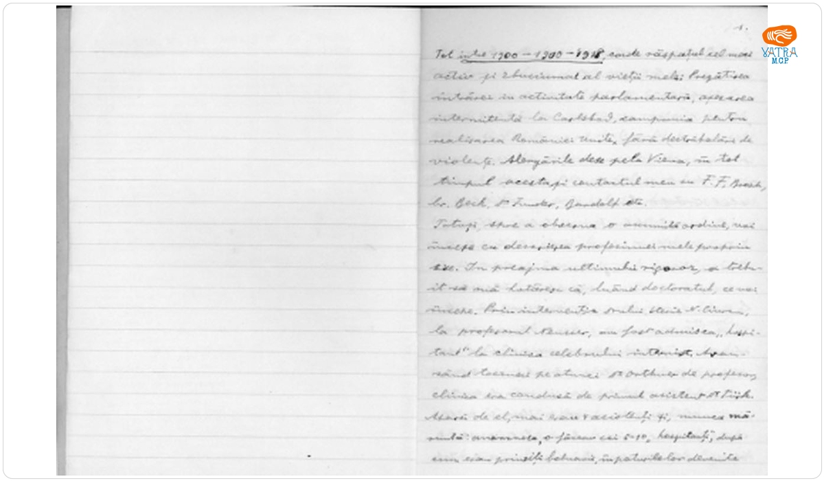 A. Vaida Voevod, Caiet de memorii politice din perioada dinainte de Marea Unire, lupta politică a românilor ardeleni; informații despre perioada ca medic la Carlsbad