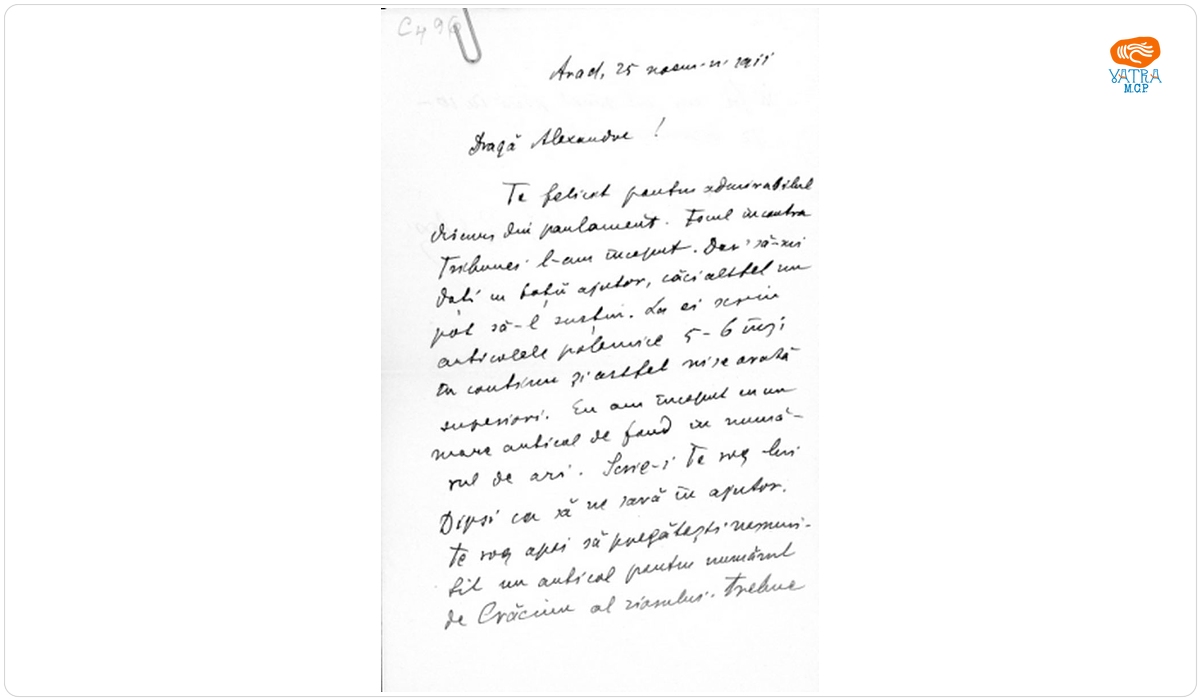Vasile Goldiș — V. Goldiș către A. Vaida Voevod, Arad, 25 noiembrie 1911