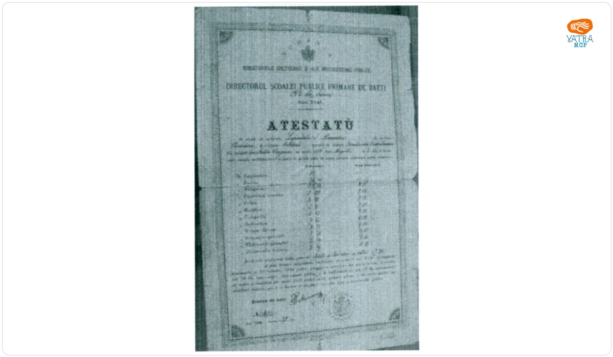Ministerul Culturii și a Instrucțiunii Publice — Atestat de absolvire a școlii publice primare din Sărărie, Iași, al lui Alexandru I. Lapedatu