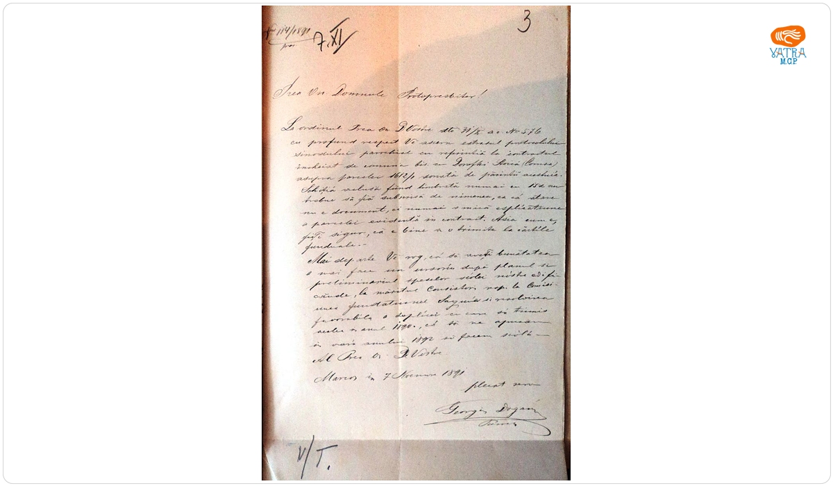 George Dogaru — Adresă preotul George Dogaru, din Mărcuș, înaintează protopopului extrasul protocolului sinodului parohial cu privire la contractul încheiat cu Doroftei Stoica (Comșa)