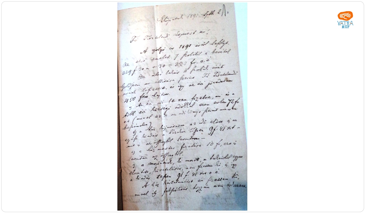 Vasile Szabo — Informare adresată de dr. Szabo Vasile protopopului privind veniturile și cheltuielile casei fondului Rudolfin din Vâlcele, pe anul 1891