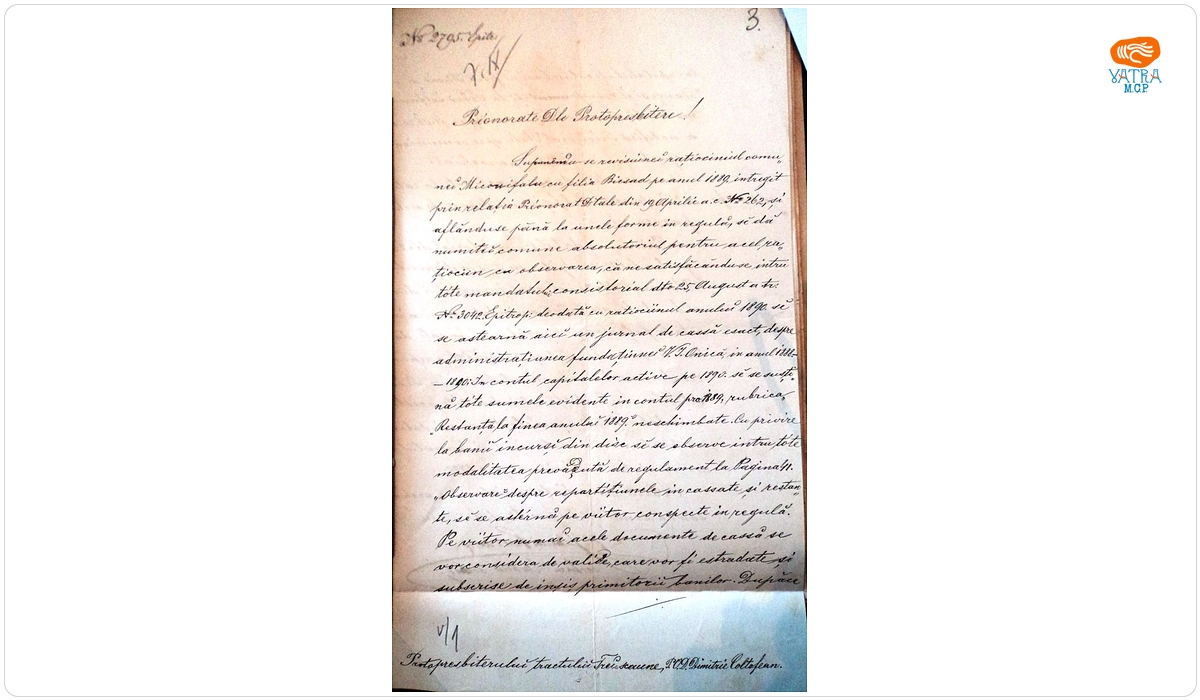 Adresa Consistoriul arhidiecezan comunică protopopului de Trei Scaune, Dimitrie Coltofean, că s-a aprobat „ rațiocinul” parohiei Micloșoara cu filia Bixad, pe anul 1889