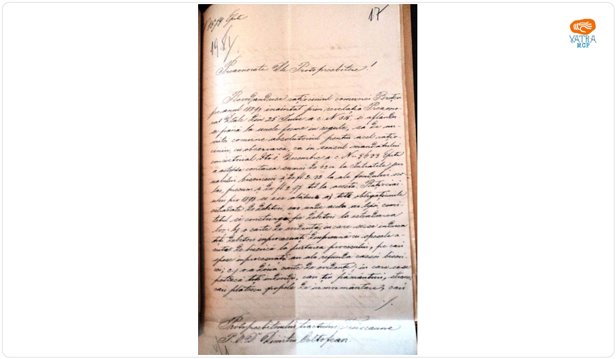 Consistoriul arhidiecezan comunică protopopului de Trei Scaune, Dimitrie Coltofean, că s-a aprobat „rațiocinul” parohiei Brețcu, pe anul 1889, cu unele observații