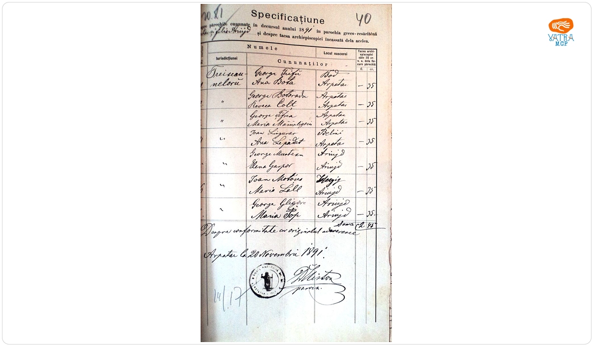 Mențiune despre cununații, în anul 1891, în parohia ortodoxă Mărcuș și taxa încasată de la ei