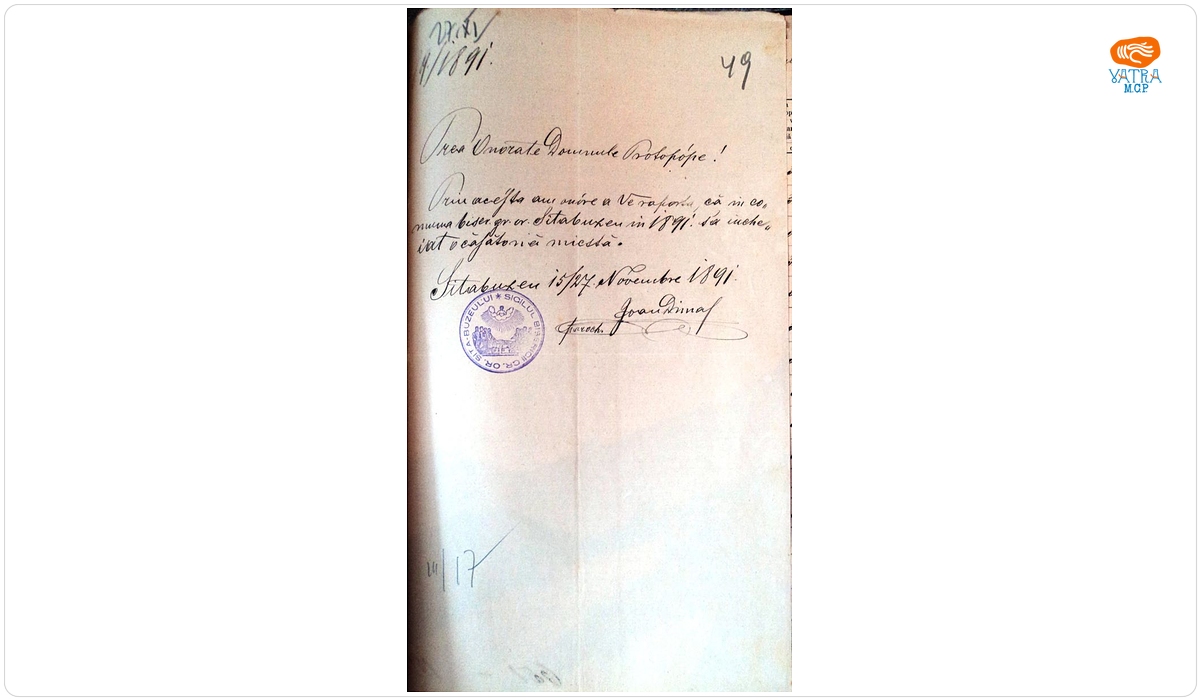 Ioan Dima — Document privind numărul căsătoriilor mixte în parohia ortodoxă Sita Buzăului în anul 1891