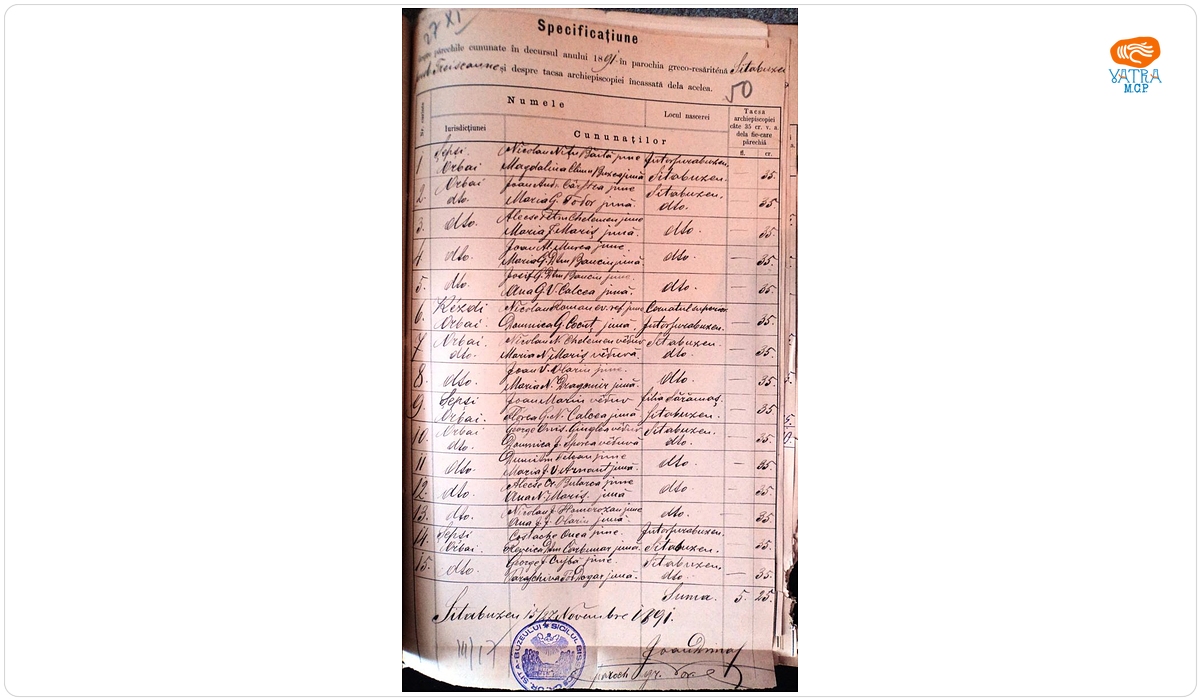 Mențiune despre cununații, în anul 1891, în parohia ortodoxă Sita Buzăului și taxa încasată de la ei