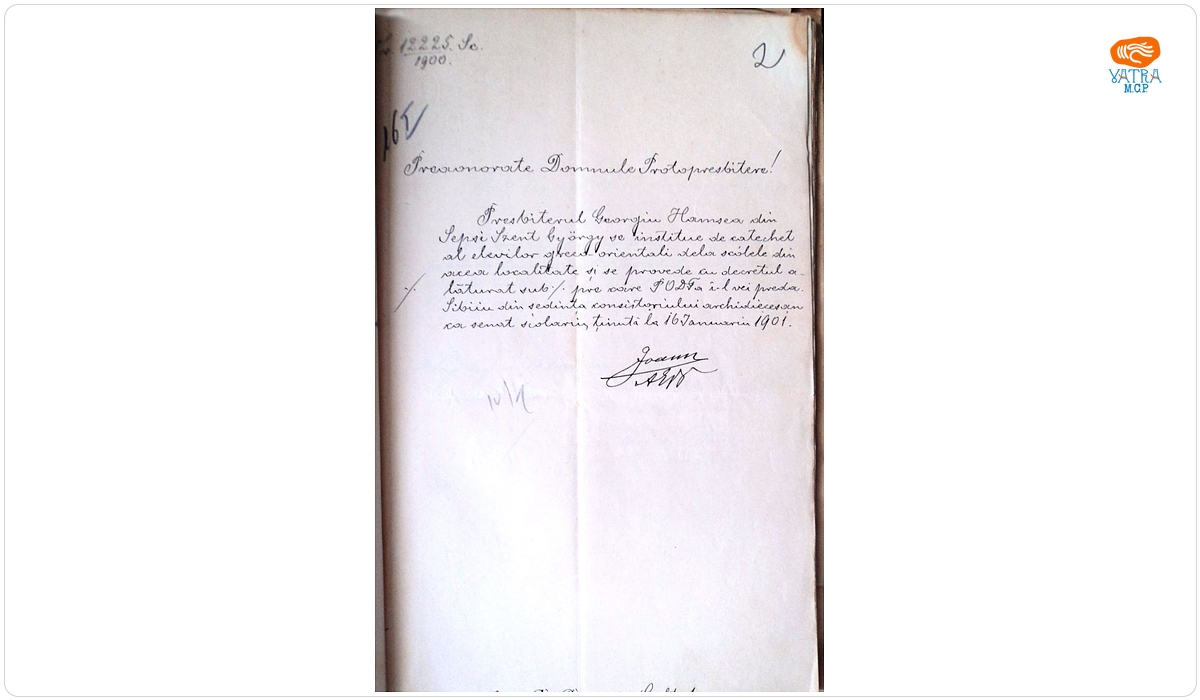 Adresă înaintată protopopului Dimitrie Caltofean, în legătură cu instituirea preotului George Hamzea „de catehet al elevilor greco-orientali” din Sfântu Gheorghe