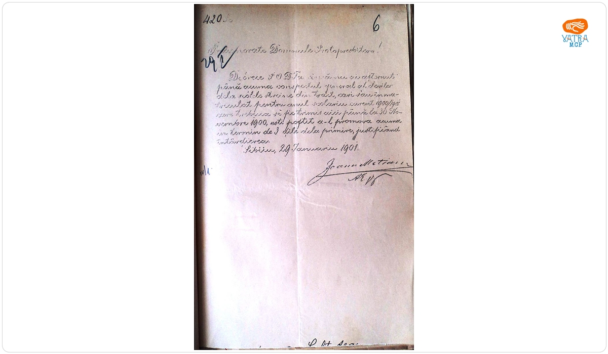 Adresă referitoare la înaintarea „conspectului general al elevilor de la școlile străine” din Protopopiatul Trei Scaune, pe anul școlar 1900/1901