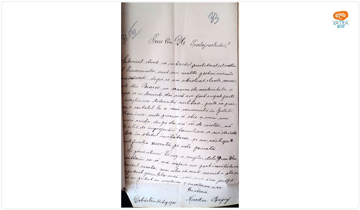 Nicodin Bagiu, din Dobârlău, solicită un post de învățător