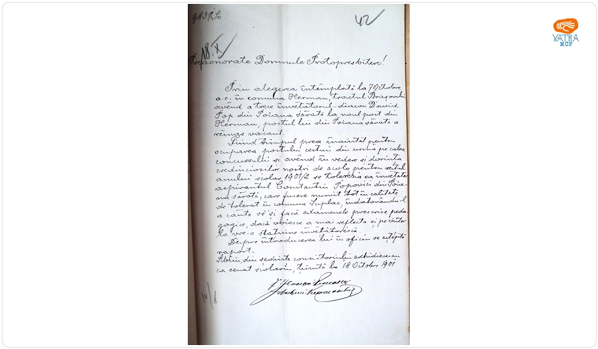 Adresă referitoare la vacantarea postului de învățător din Poiana Sărată și ocuparea lui pe perioada rămasă din anul școlar 1901/1902 de un localnic