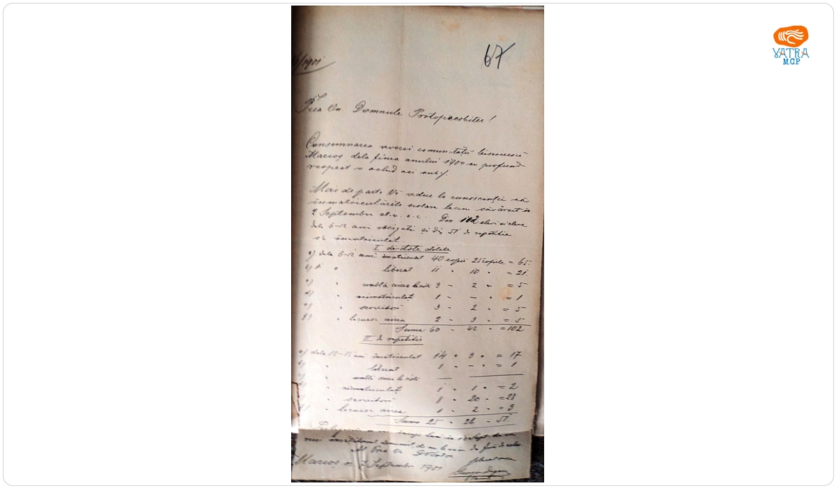 George Dogaru — Adresă referitoare la înmatricularea elevilor, în septembrie 1901, la Mărcuș