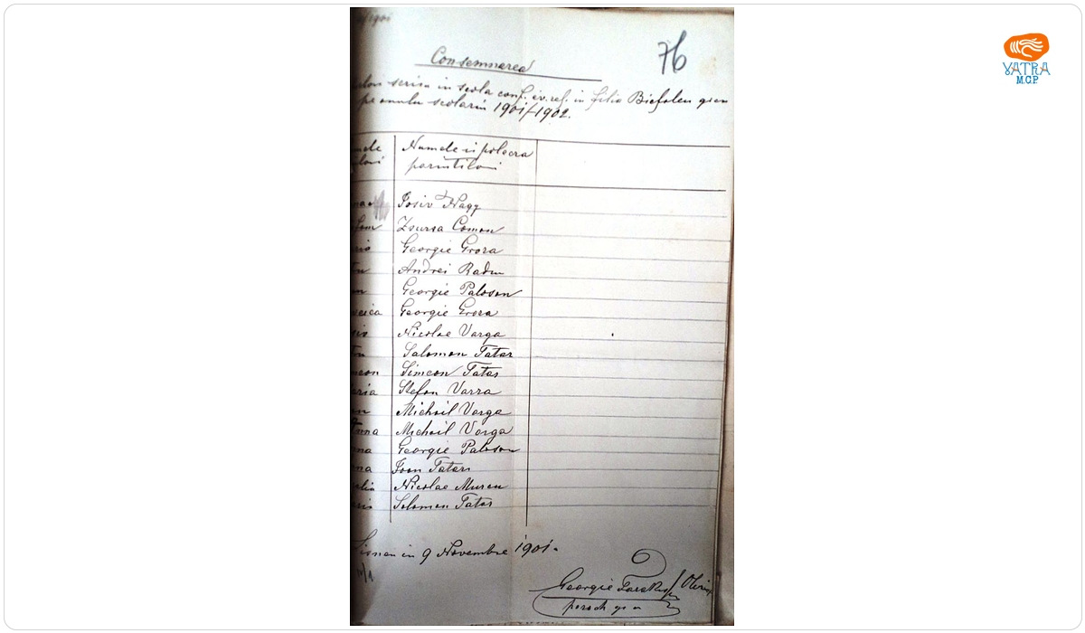 Consemnare referitoare la elevii ortodocși înscriși, în anul școlar 1901/1902, la Școala confesională ev. ref. din filia Bicfalău