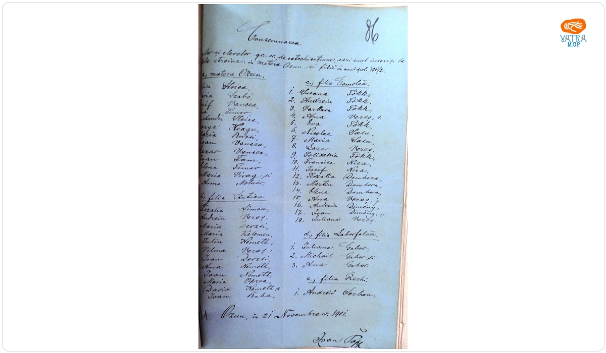 Ioan Pop — Consemnare referitoare la elevii ortodocși „de catechisațiune care sunt înscriși la școli străine” ,în Ozun și filii , în anul școlar 1901/1902