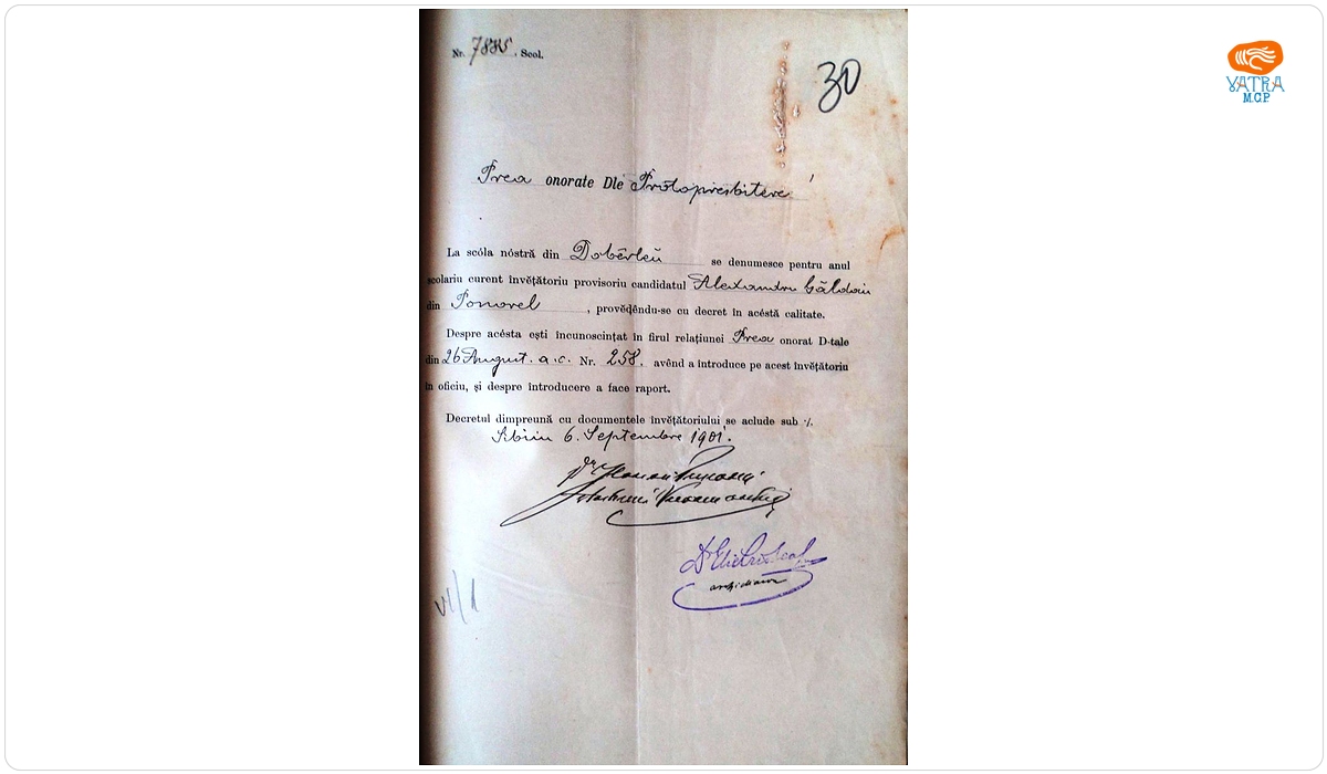 Se comunică învățătorul numit la școala confesională ortodoxă din Dobârlău, protopopiatul Trei Scaune