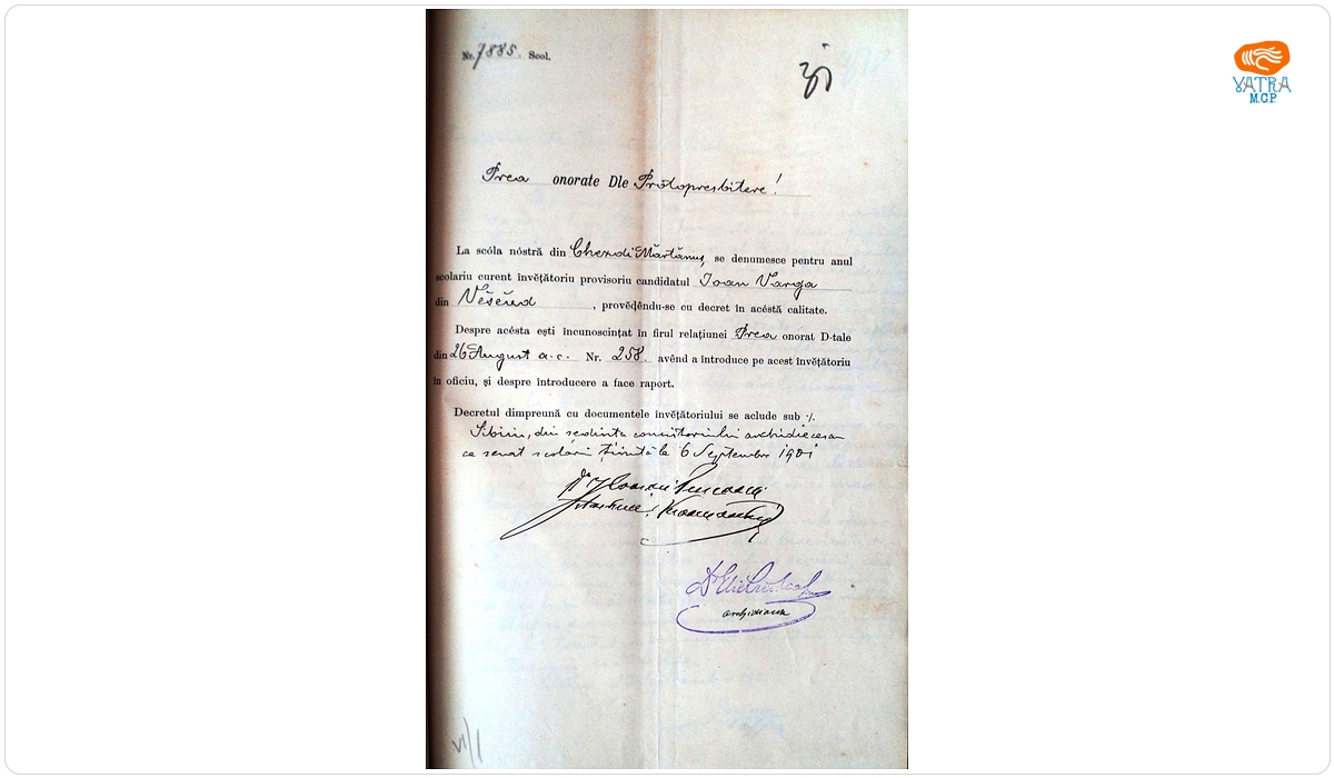 Se comunică învățătorul numit la școala confesională ortodoxă din Mărtănuș, protopopiatul Trei Scaune