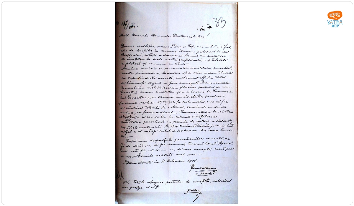 Ioan Olteanu — Se comunică protopopului demisia învățătorului și se solicită a se face demersurile pentru numirea unui nou învățător în Poiana Sărată
