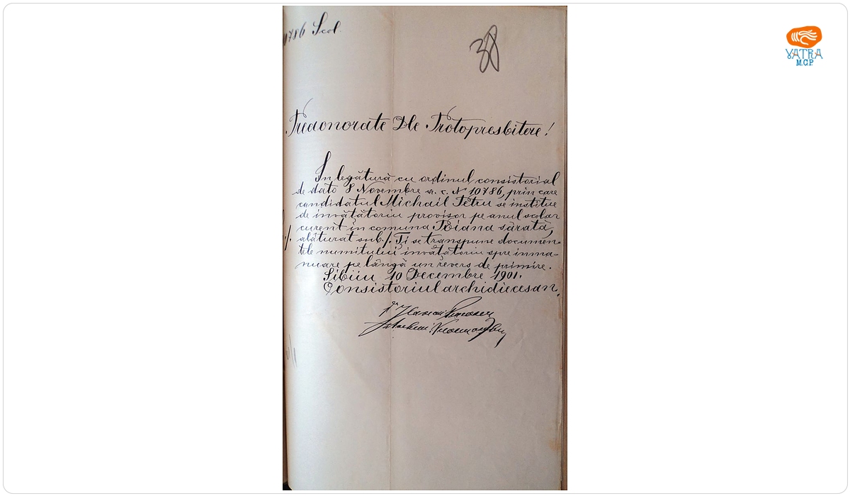 Adresă se înaintează protopopului documentele de numire provizorie a învățătorului Mihail Petru în Poiana Sărată