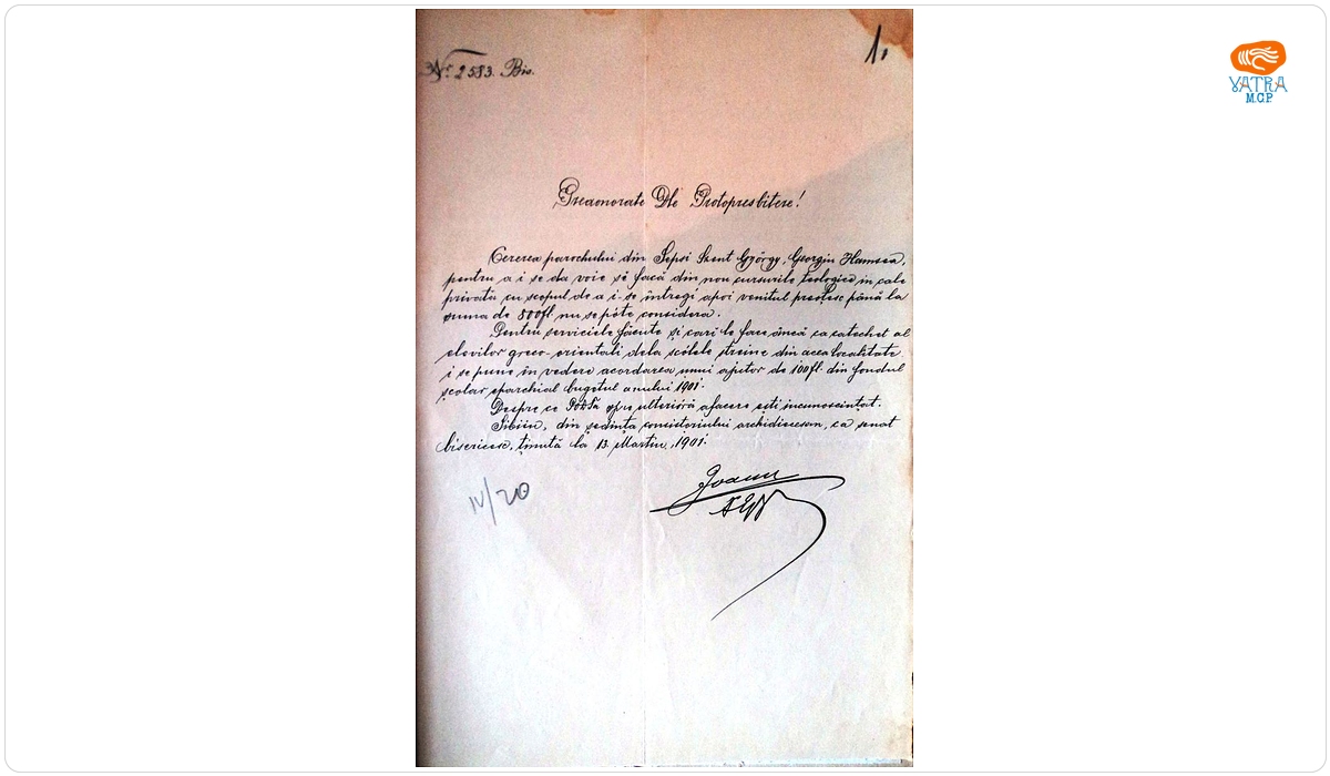 Adresă referitoare la cererea preotului George Hamsea din Sfântu Gheorghe