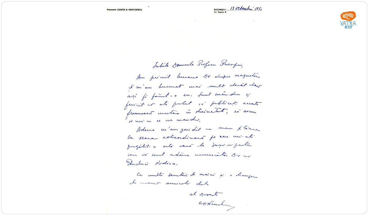 Prof. Costin D. Nenițescu către prof. Ștefan Procopiu