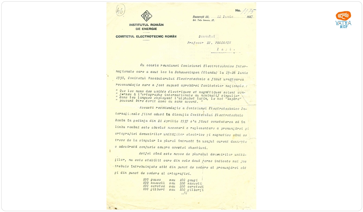 Institutului Român de Energie din București către prof. Ștefan Procopiu