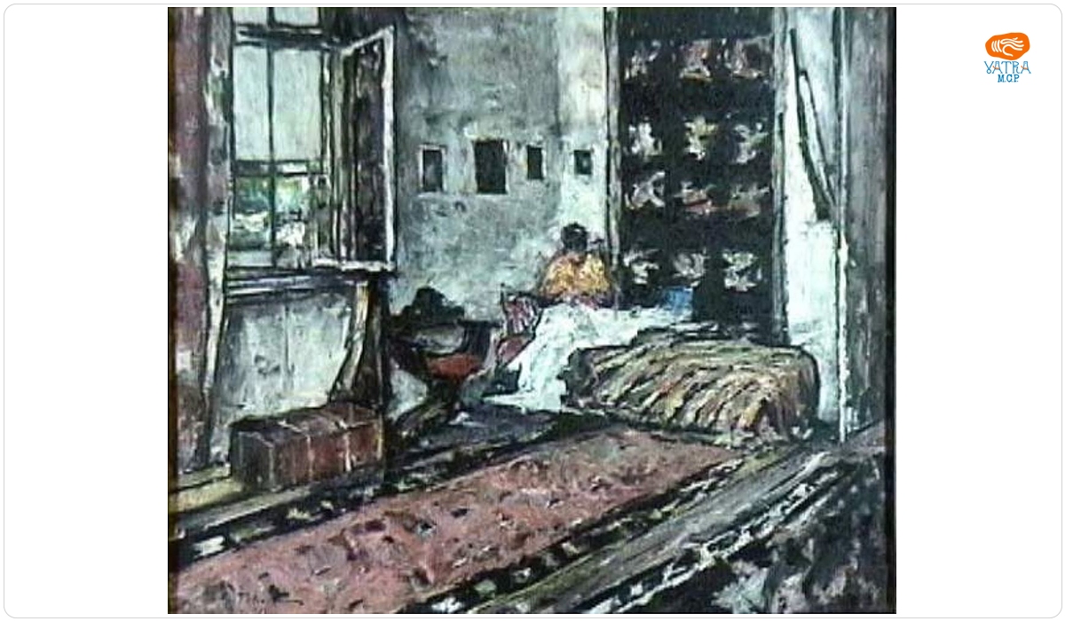 Interior cu o femeie cosând