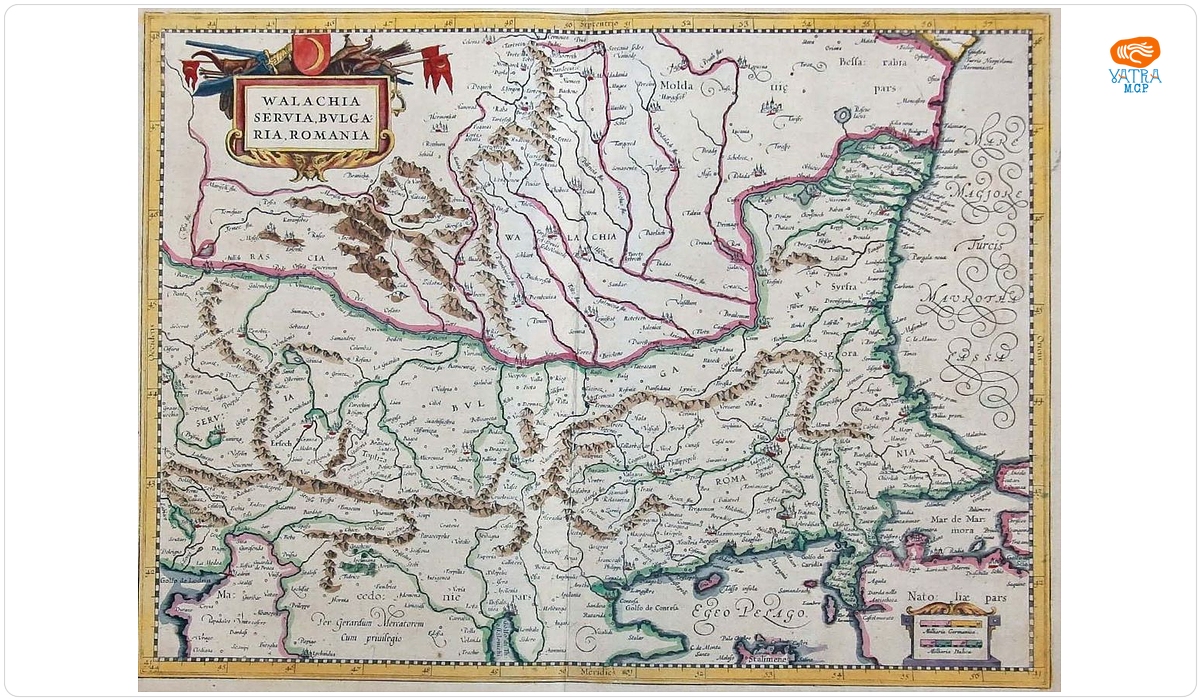 Gerard Mercator — Gerardus Mercator, Duisburg, Nordul Peninsulei Balcanice, c. 1580 (ed. Henricus Hondius, Amsterdam, 1628).