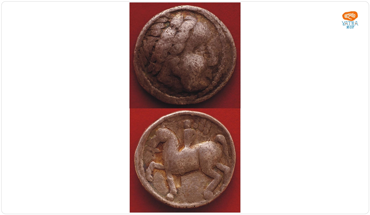 Monedă celtică de tip Tulghieș "cu cifre romane", grupa cu cap uman fără barbă (Apollo)