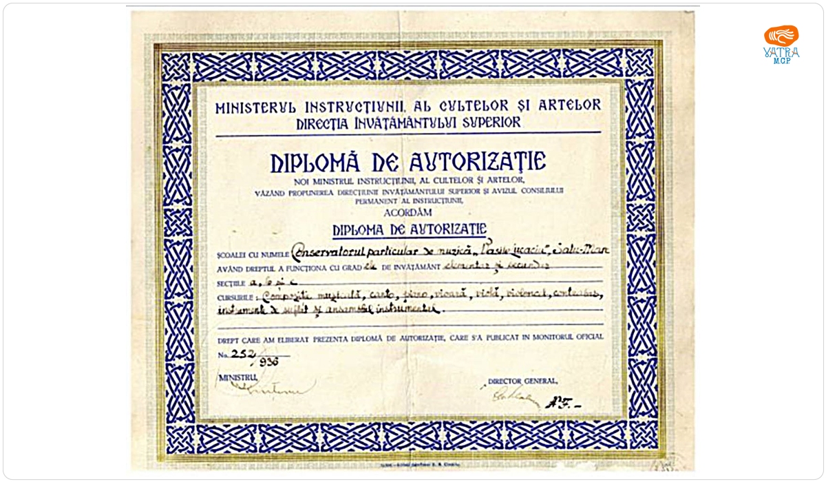 Ministerul Instrucțiunii — Diplomă de autorizație a Conservatorului particular de muzică „Vasile Lucaciu”