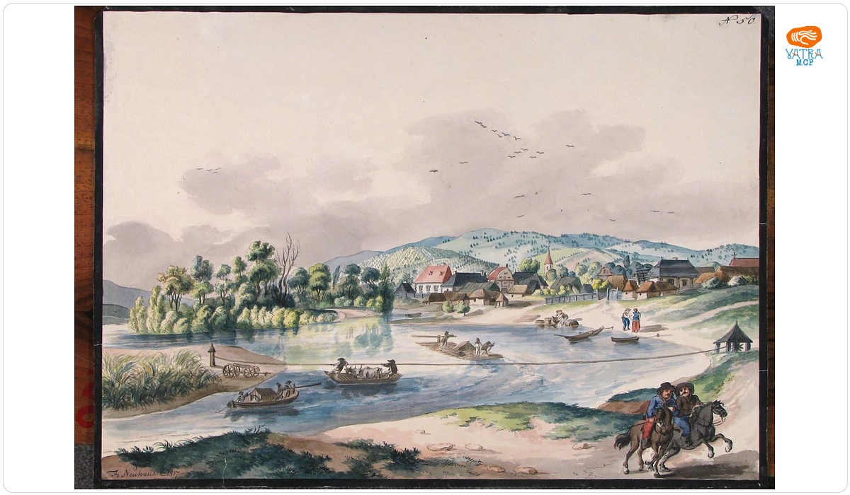 Franz Neuhauser — Peisaj râu și luntre pe Mureș