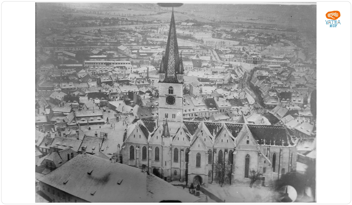 Vedere aeriană din Zeppelin cu panorama Sibiului.