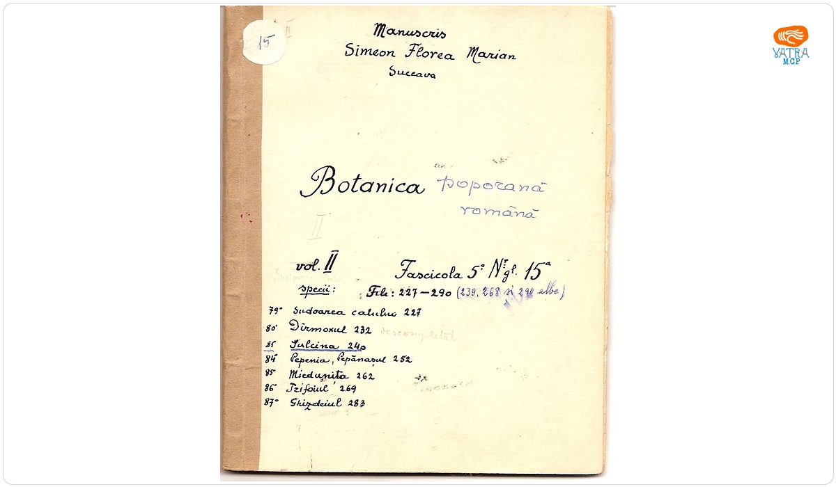 Simion Florea Marian - autor — Botanica poporană română (vol. II, fasc. 5); Specii: Sudoarea calului, Dîrmoxul, Sulcina, Pepenia (Pepănașul), Miedunița,Trifoiul, Ghizdeiul