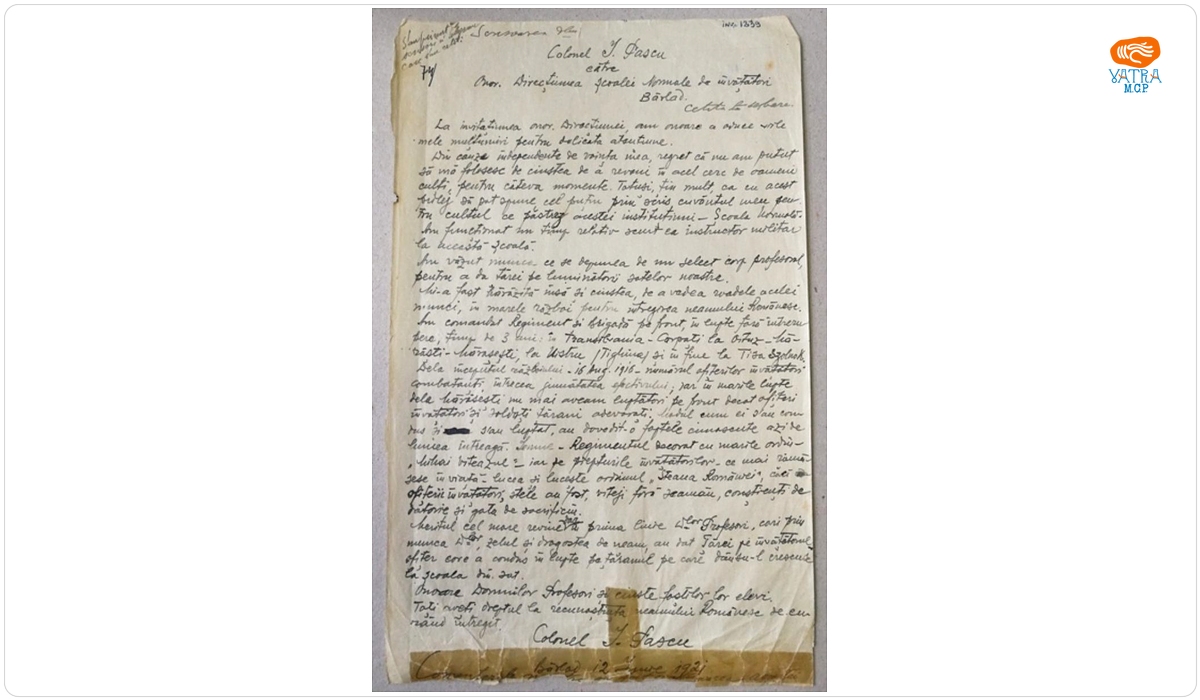 I. Pascu — Scrisoare adresată direcțiunii școlii normale de învățători, Bârlad, de către col. I. Pascu