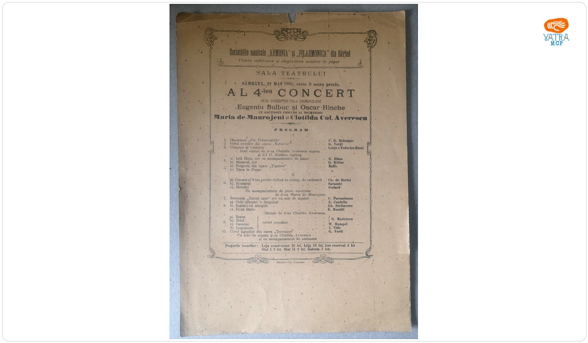 Afiș concert Societățile musicale „Armonia” și „Filarmonica” din Bârlad
