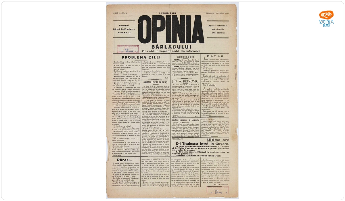 Opinia Bârladului; anul I, nr. 4, 9 octombrie 1932